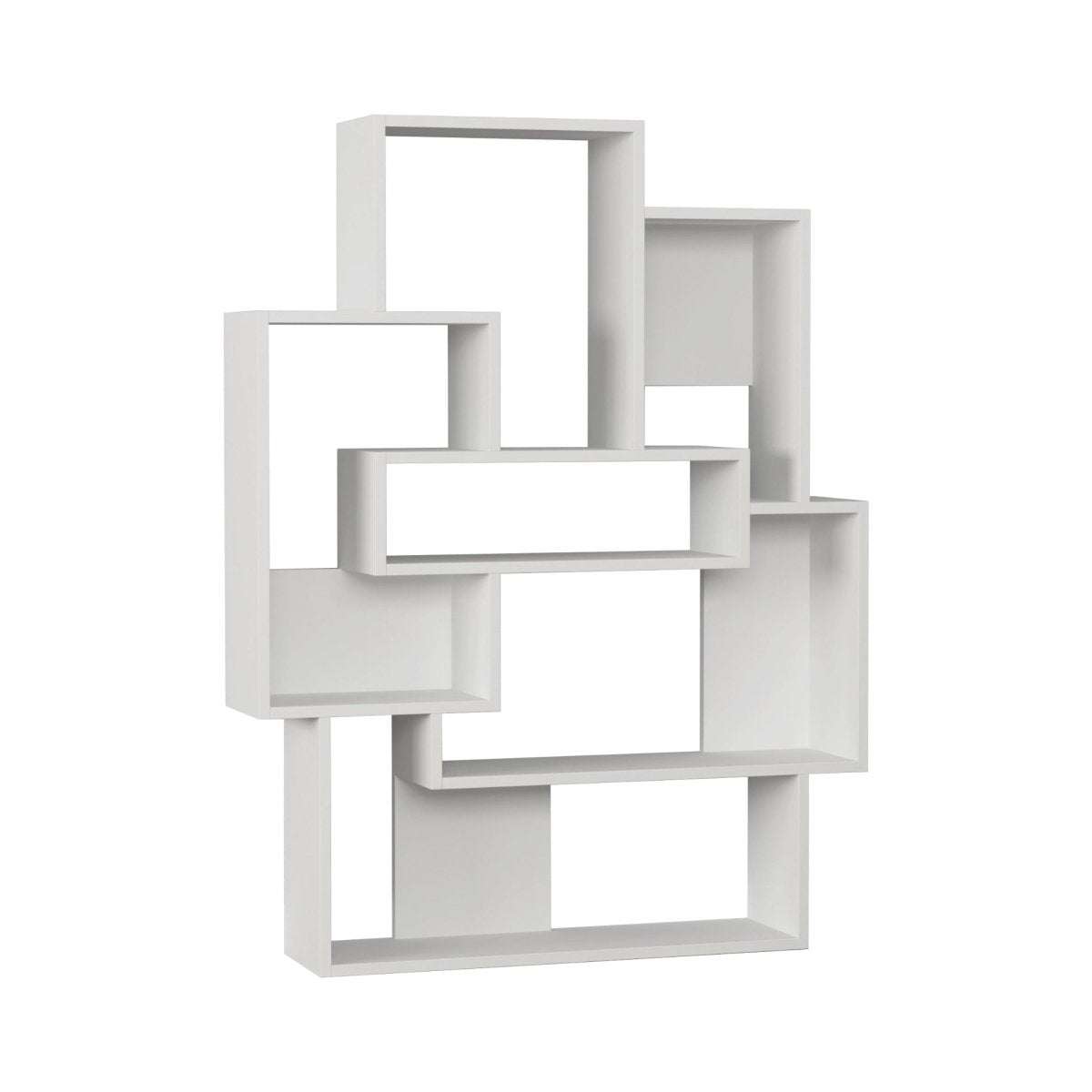 All-white bookcase display unit with open cubby shelves and storage compartments