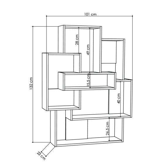 Bookcase display unit dimensions diagram, height 132 cm and width 101 cm