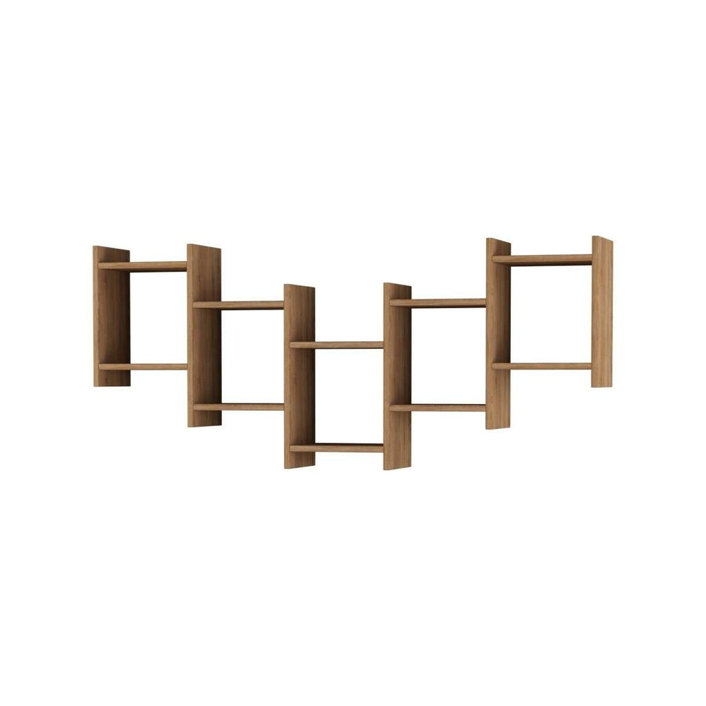 Floating wall shelf arrangement with open square compartments, warm light wood finish