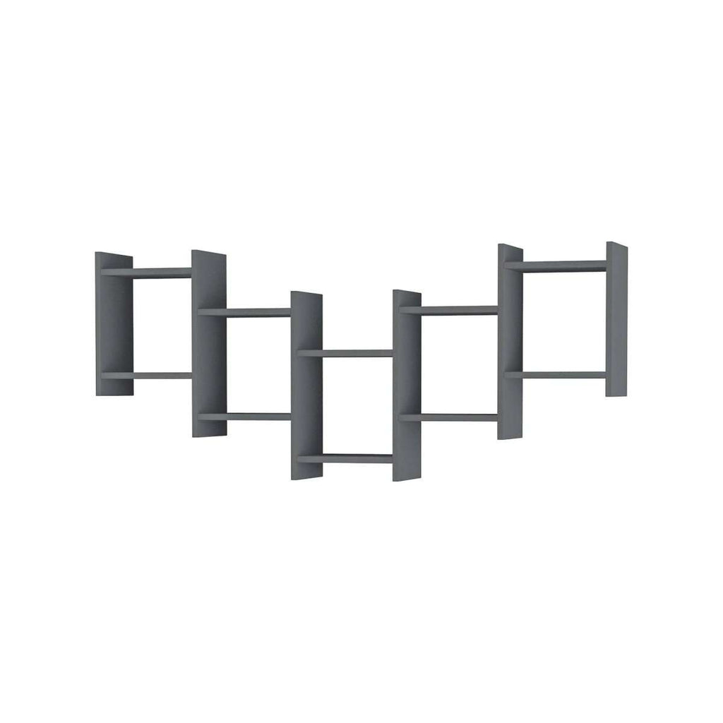 Floating wall shelf arrangement with open square compartments, dark gray finish