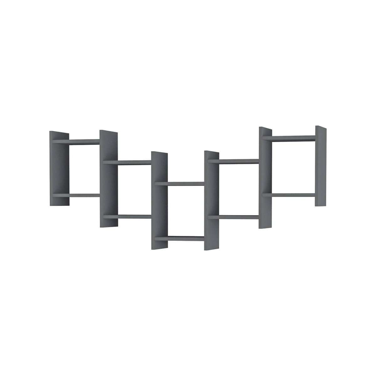 Floating wall shelf arrangement with open square compartments, dark gray finish