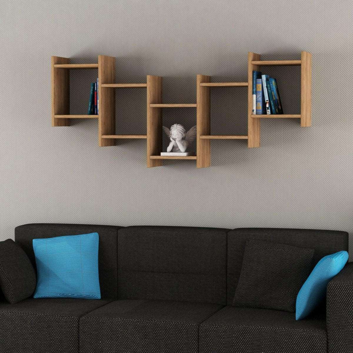 Wall-mounted floating cube shelf with open square compartments, light wood finish