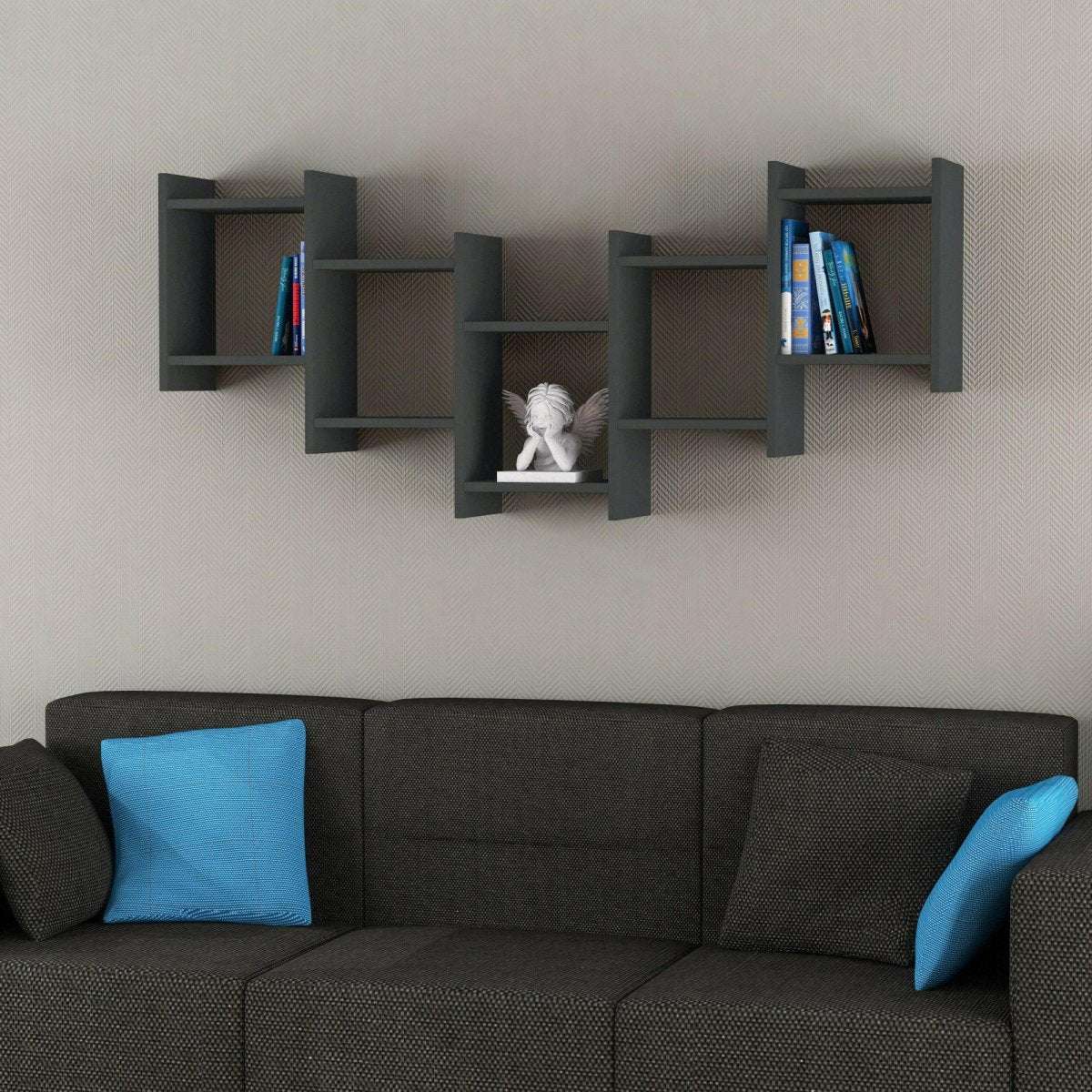 Wall-mounted floating cube shelf unit with open square compartments, anthracite gray finish