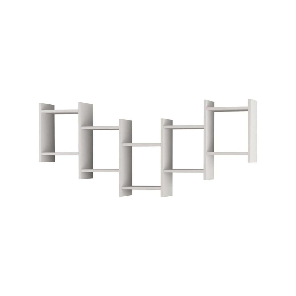 Floating wall shelf arrangement with open square compartments, white finish
