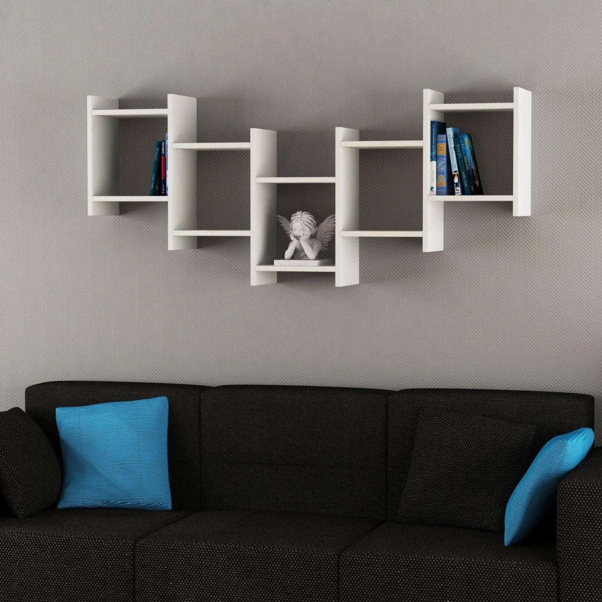 Wall-mounted floating cube shelf unit with open square compartments, white finish