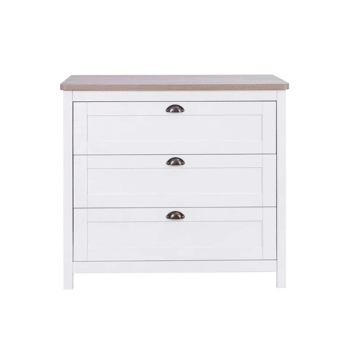 White dresser with light wood top and three drawers with dark metal cup pulls