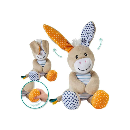 Sitting donkey plush toy with orange polka ear accents, striped outfit, blue and orange ball pieces