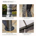Gazebo canopy details: hook-and-loop straps, double-sided zipper, hanging loops