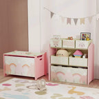 Pink kids storage organizer with fabric bins and a matching storage top box
