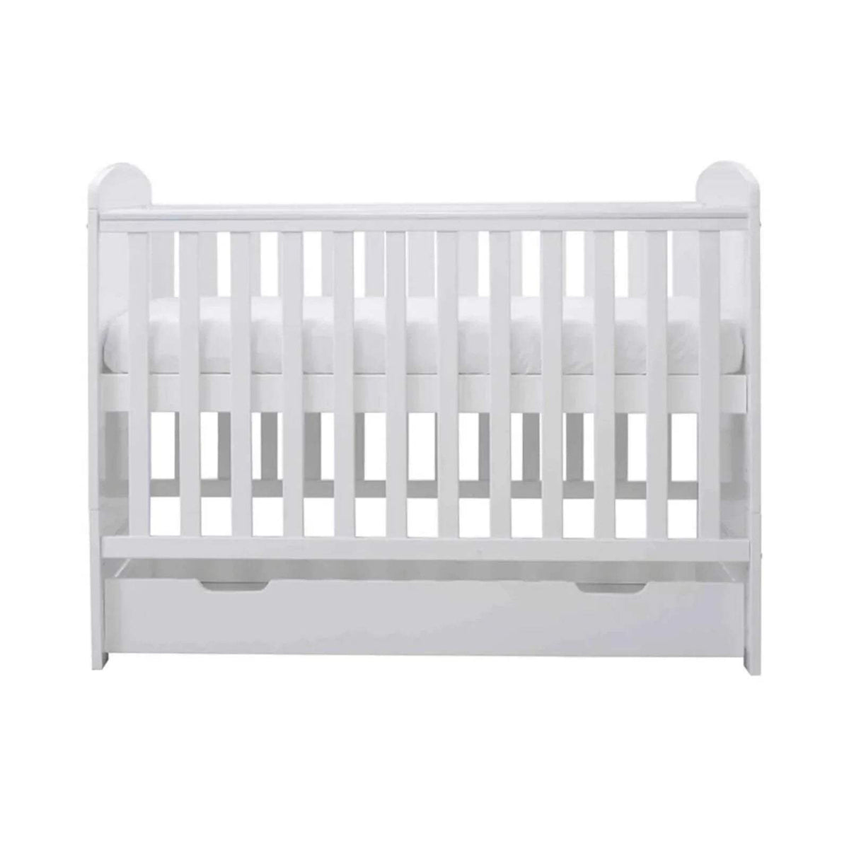 White mini cot bed end view with under-drawer panel below rails