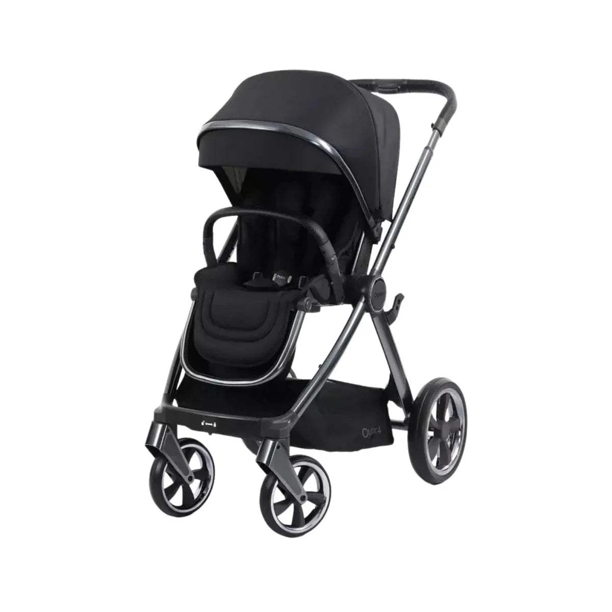 Carbonite single stroller with dark seat, extendable canopy, and front wheels