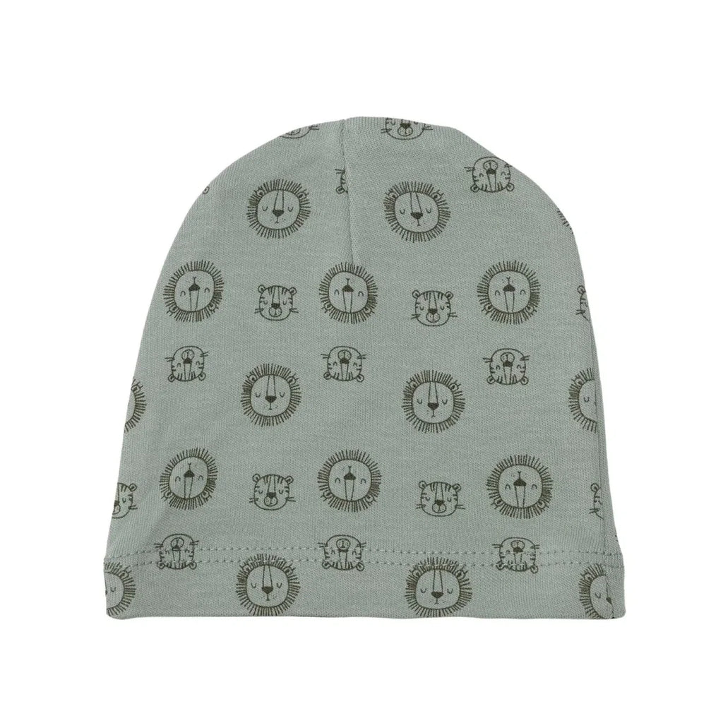 Green animal-face patterned baby hat with folded hem
