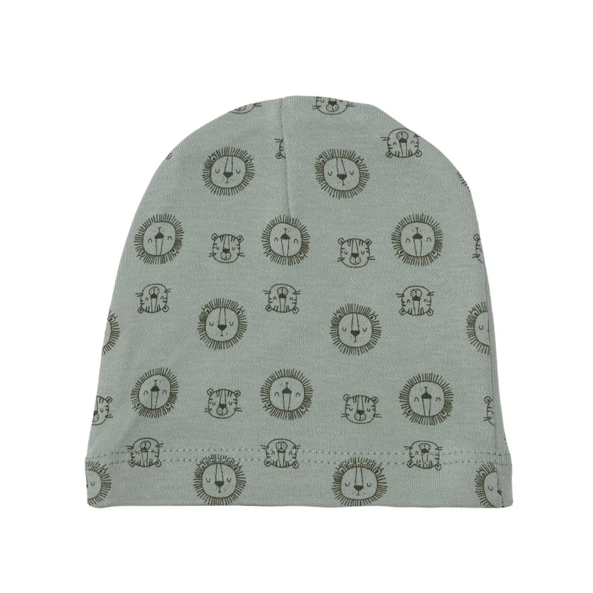 Green animal-face patterned baby hat with folded hem