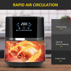 Black air fryer with front viewing window and rapid airflow arrows over tray
