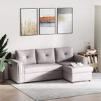 Light grey sofa bed with storage chaise, tufted seat and back cushions