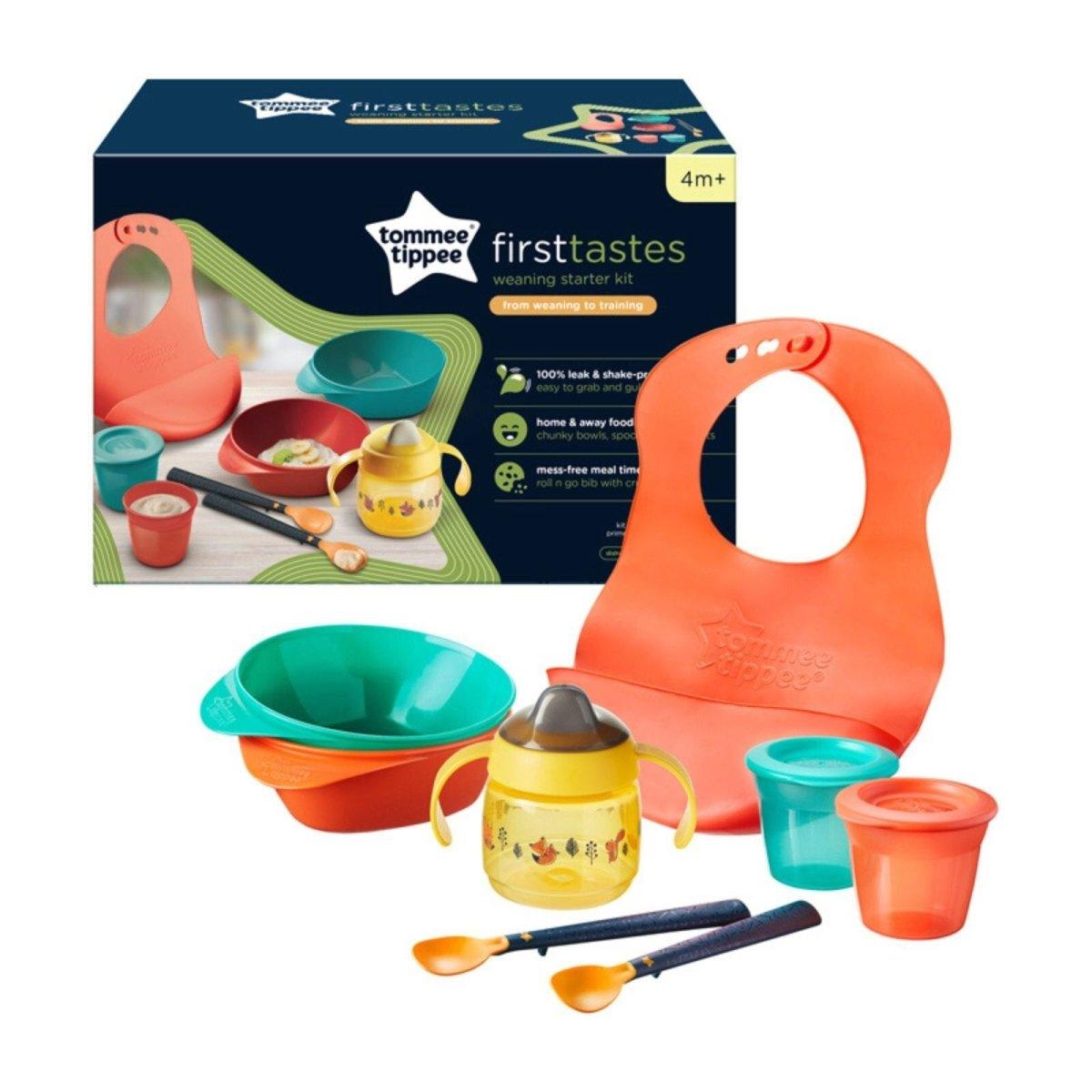 Toddler weaning kit set with orange bib, bowls, cups, and spoons