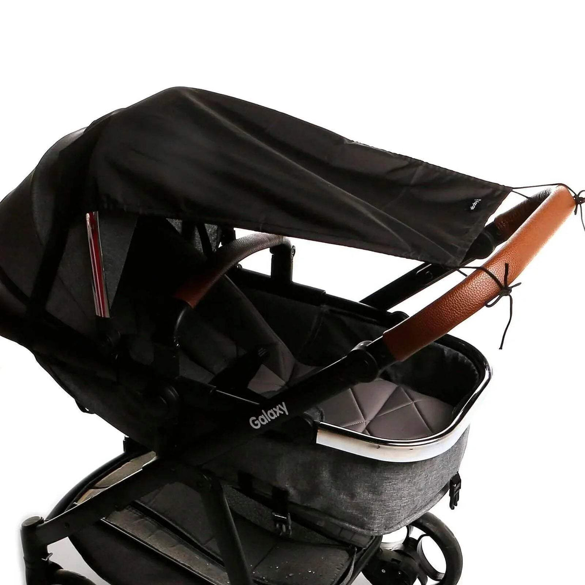 Stroller sunshade in black fabric with side support ties over the seat canopy