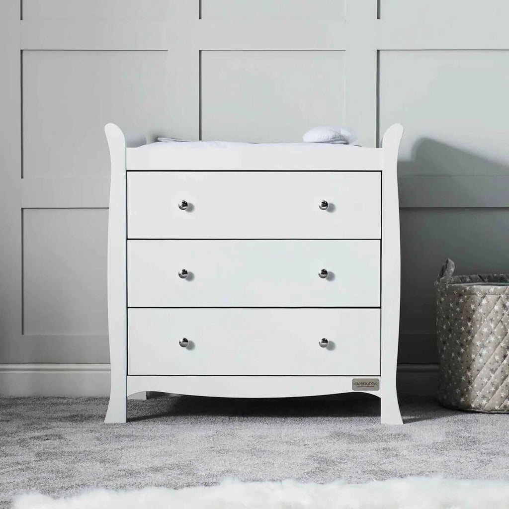 White 3-drawer mini dresser with metal knobs and rounded front edges