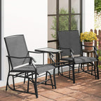 Black patio gliding armchairs with square glass-top side table, outdoor patio set