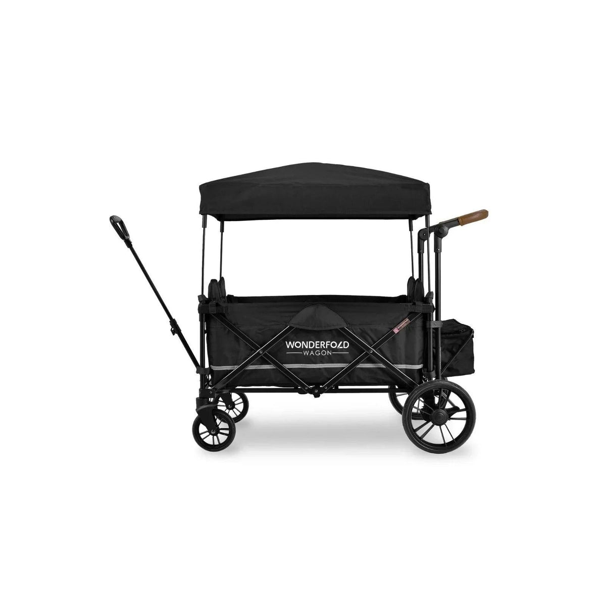 Black quad stroller wagon with canopy and push handle, side view with four wheels
