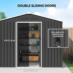 Galvanised steel shed with double sliding doors and tall storage shelves inside