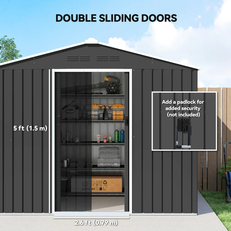 Galvanised steel shed with double sliding doors and tall storage shelves inside