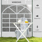 White side panel window with arched top grid and visible window view