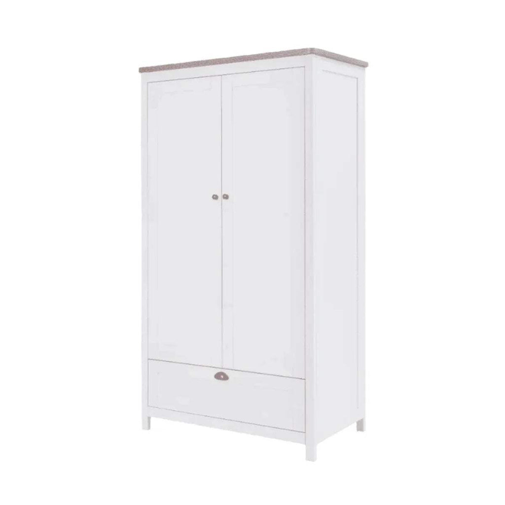White wardrobe with two doors and lower drawer, oak top and brass knobs