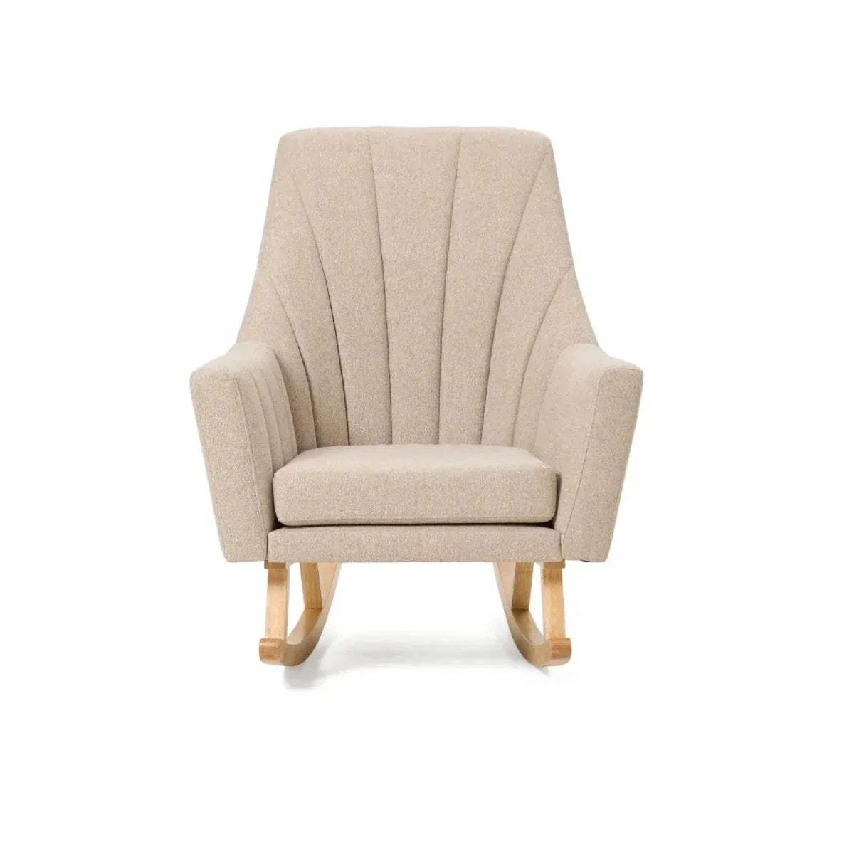 Stone upholstered rocking chair with cushioned seat and wood base rockers.