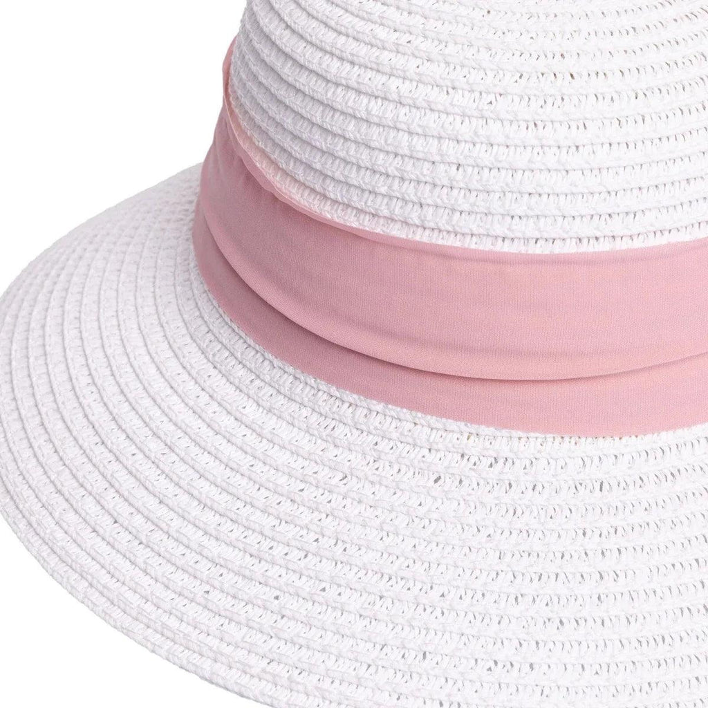 White straw baby sun hat with pink ribbon band close-up