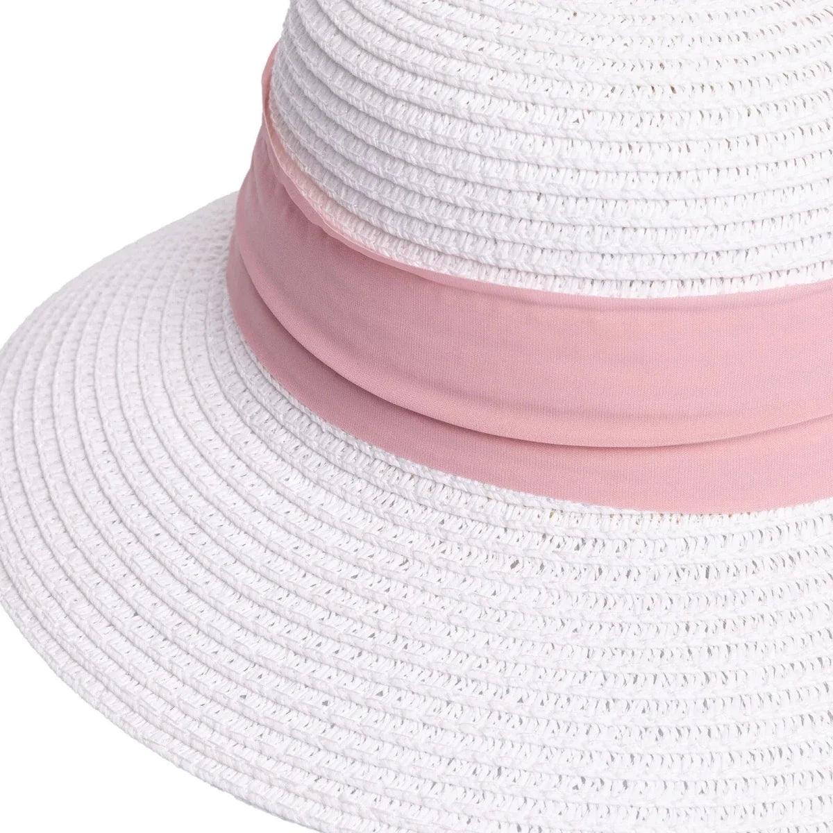 White straw baby sun hat with pink ribbon band close-up