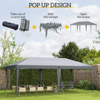Grey pop-up gazebo with folded frame parts and carry-bag components
