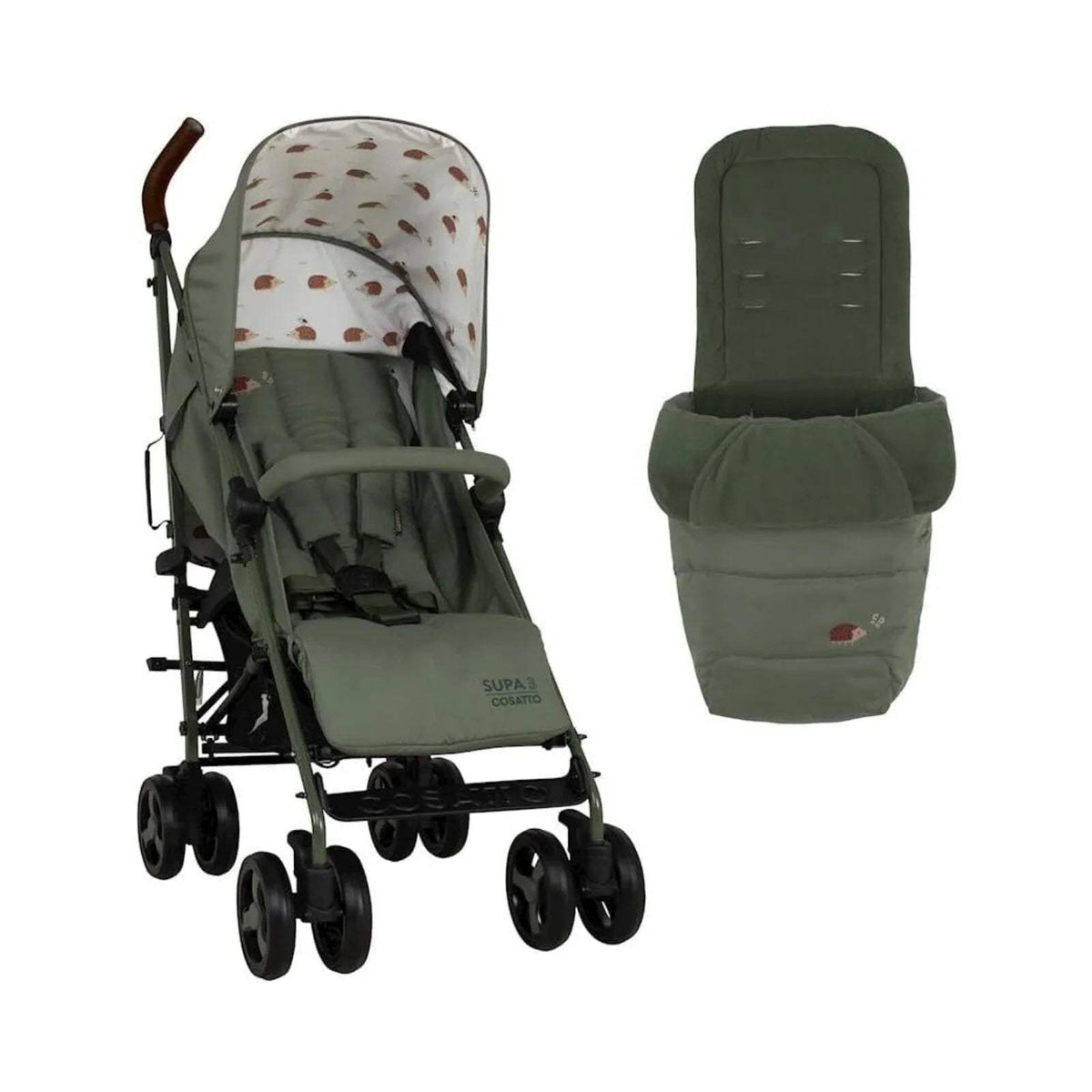 Cosatto Supa 3 stroller with dark green seat and included green footmuff
