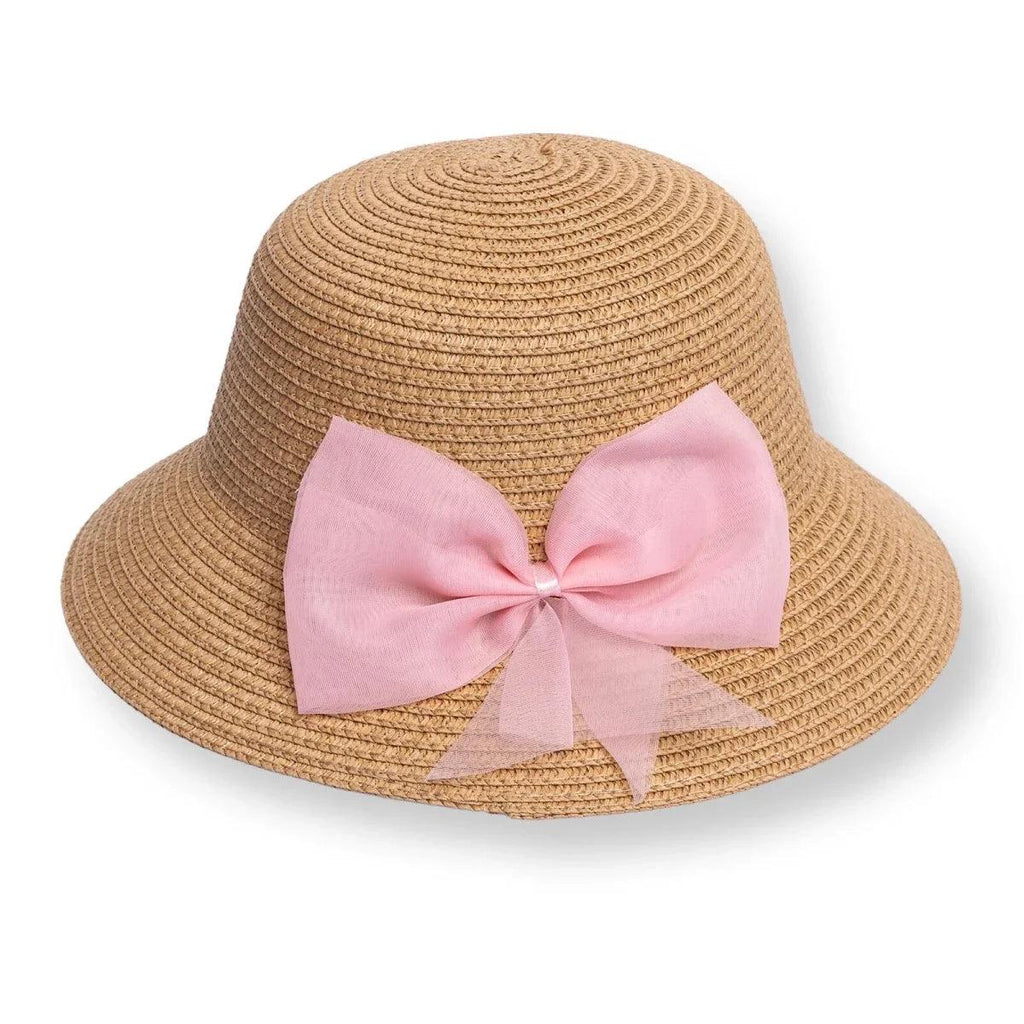 Tan straw bucket hat with center pink bow ribbon, curved wide brim