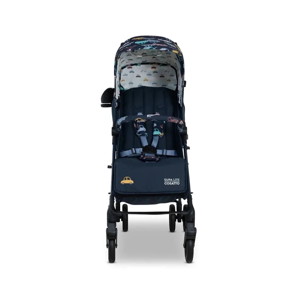 Baby stroller with patterned canopy and navy seat, front view with wheels visible