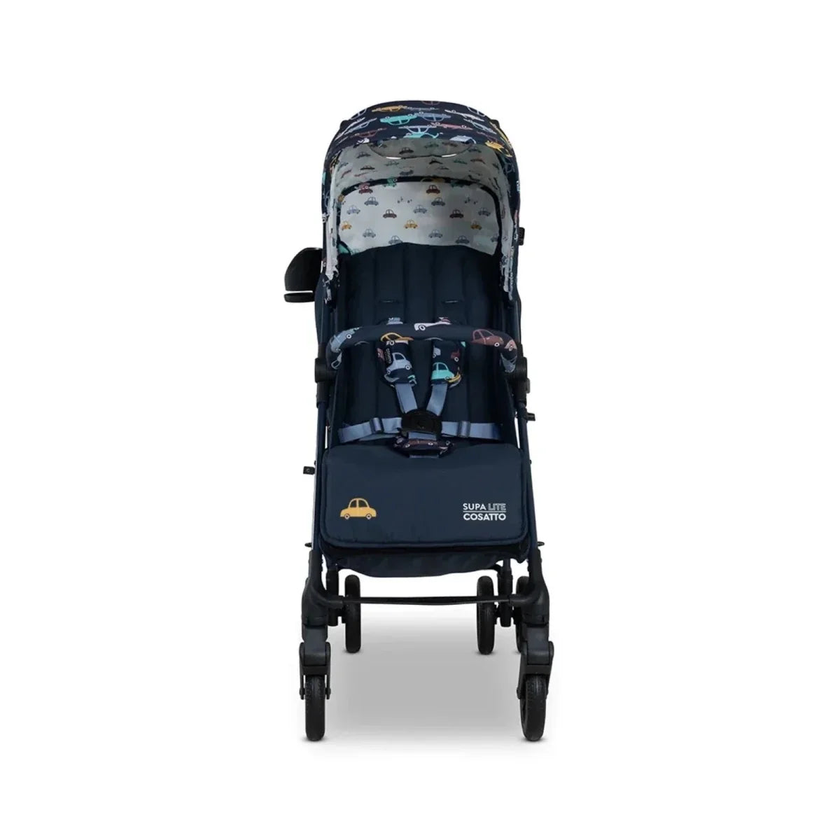 Baby stroller with patterned canopy and navy seat, front view with wheels visible