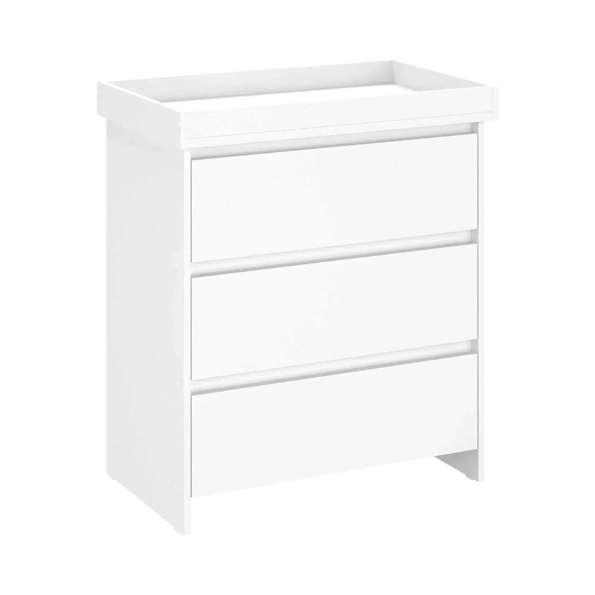White kids baby changing unit with three horizontal shelves and side panels