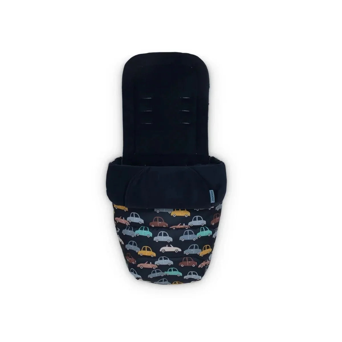 Navy car-print footmuff with padded top, stroller accessory