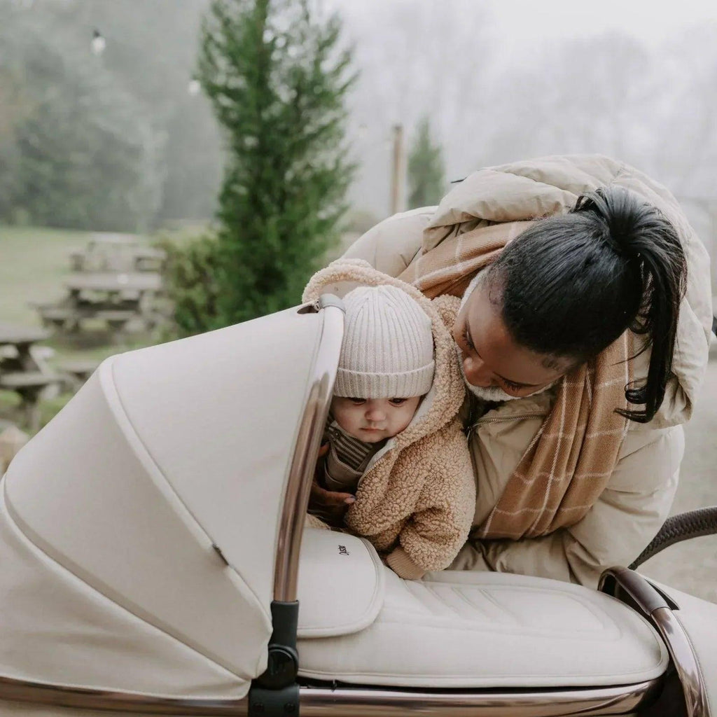 Stroller seat with beige insert and hooded cover, infant resting inside