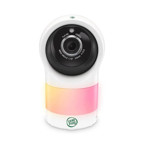 White-and-orange pan-tilt video baby monitor camera unit with wide-angle lens