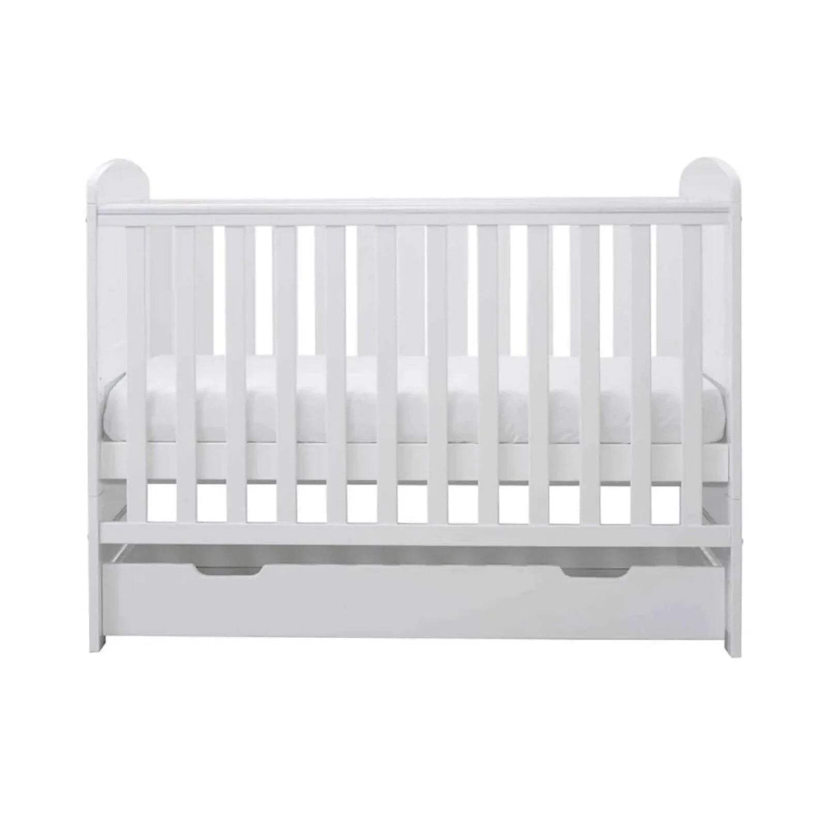White mini cot bed with mattress base and under-drawer cutout panel