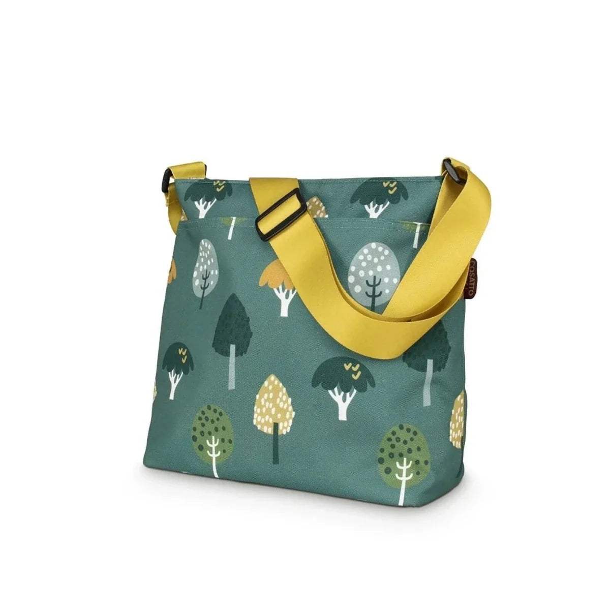 Green fabric shopping bag with yellow handles and woodland animal print
