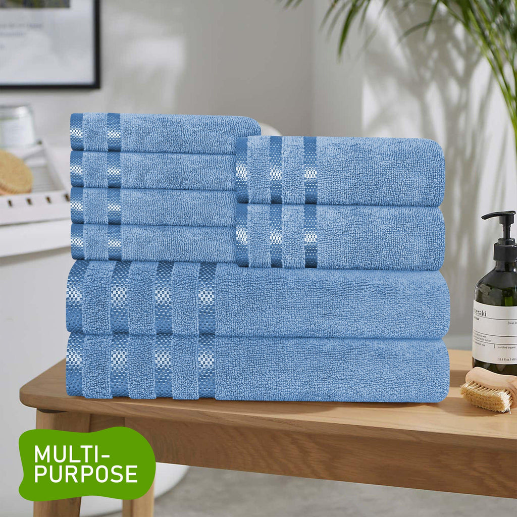 Belmont Viscose Stripe Blue Towels 100% Cotton Hotel Quality Super Absorbent 10 Piece Bale Set, 4 Hand Towel & 12 Face Cloths