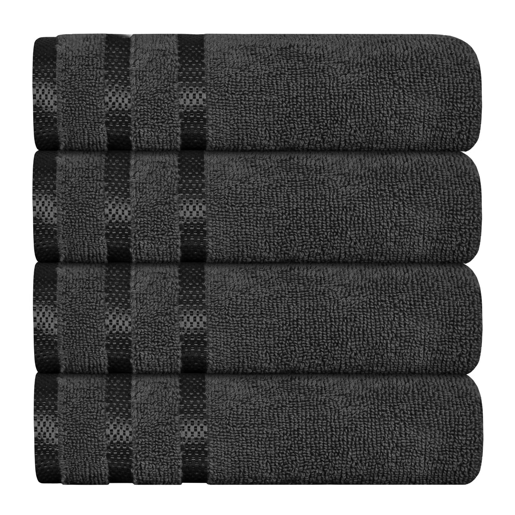 Dark grey cotton striped towels, neatly stacked folded sets with check bands