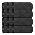 Dark grey cotton striped towels, neatly stacked folded sets with check bands