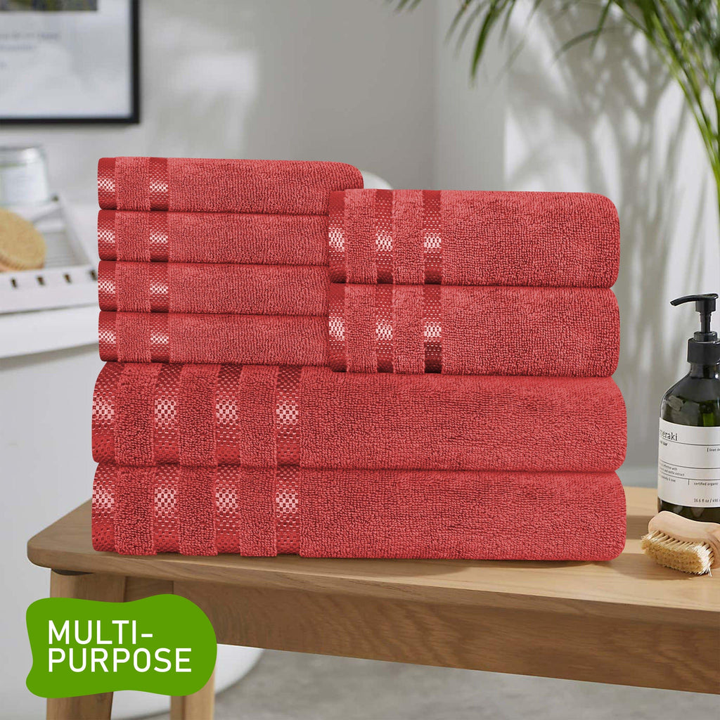 Belmont Viscose Stripe Red Towels 100% Cotton Hotel Quality Super Absorbent 10 Piece Bale Set, 4 Hand Towel & 12 Face Cloths
