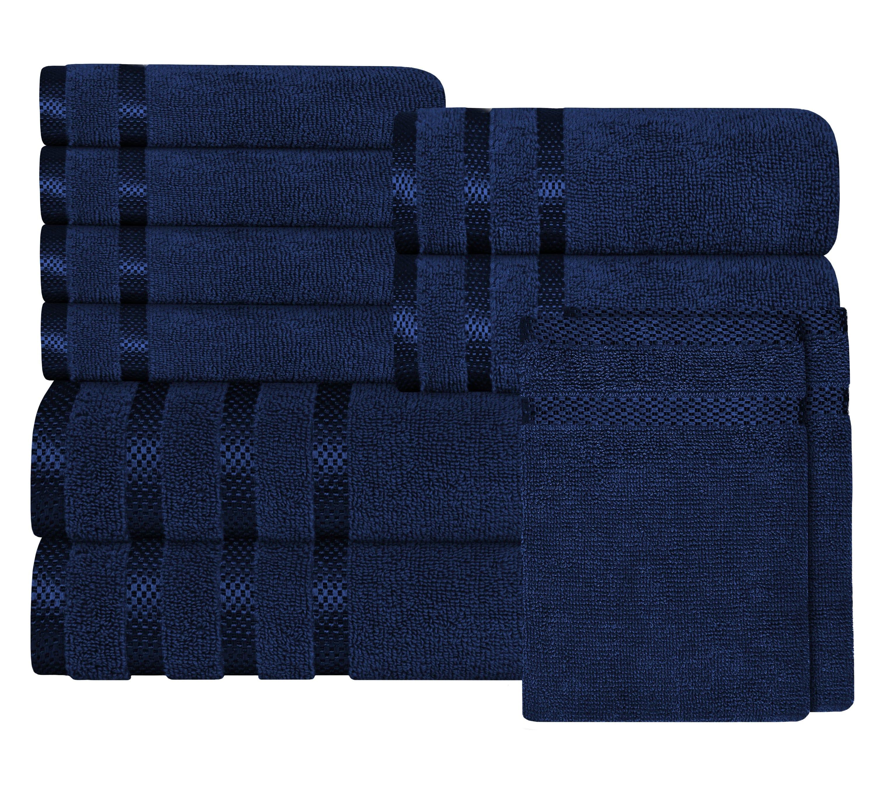 Royal blue cotton towels set, folded stack with dark check stripe bands