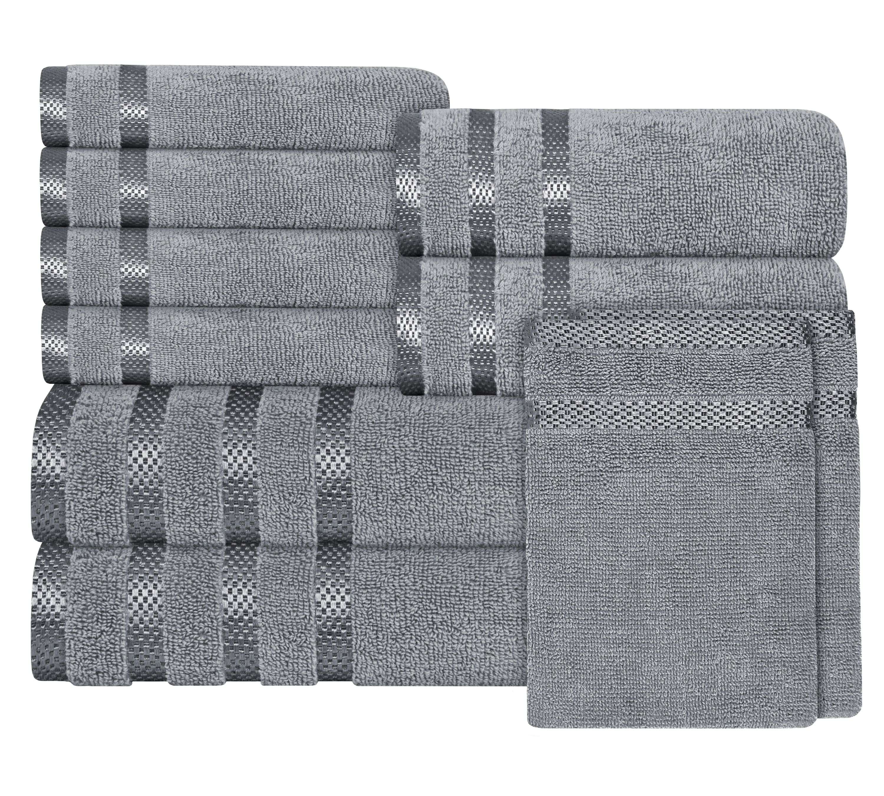 Belmont Viscose Stripe Silver Towels 100% Cotton Hotel Quality Super Absorbent 10 Piece Bale Set, 4 Hand Towel & 12 Face Cloths