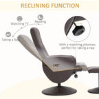 Brown recliner chair with high back in reclined position and matching ottoman footrest.