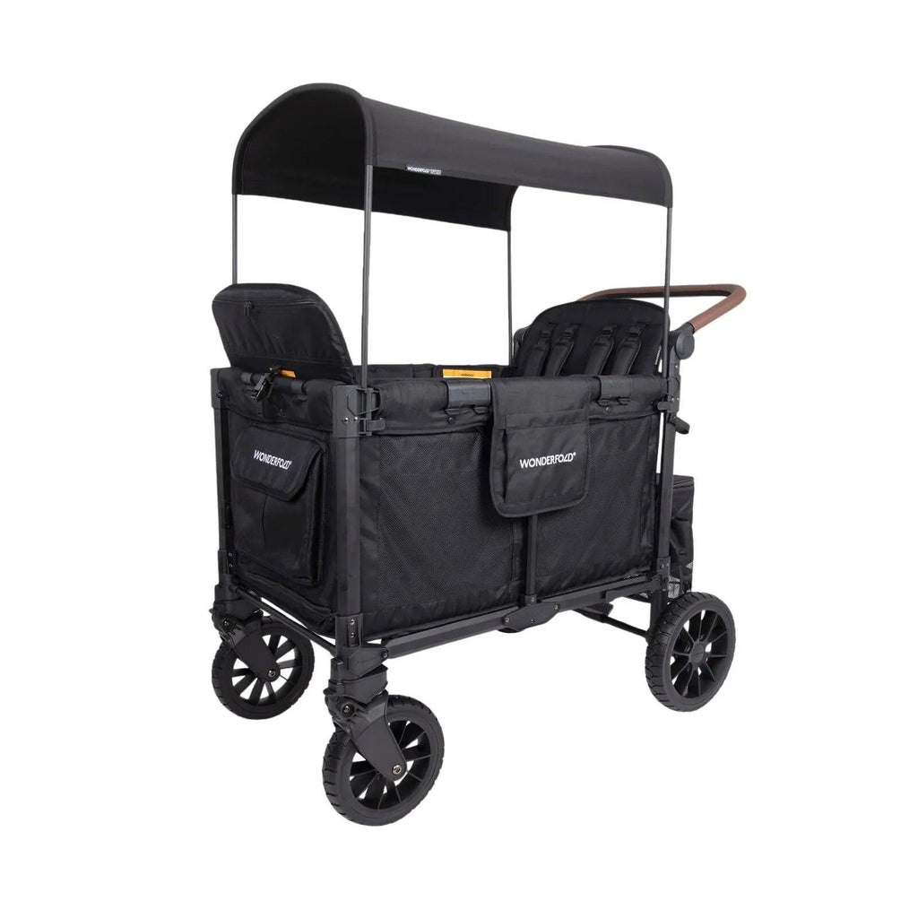 Black stroller wagon with canopy, padded seats, mesh sides, and brown handle bar